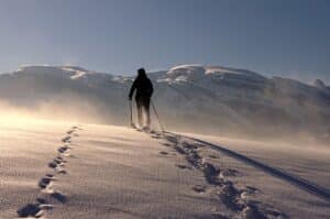 human, snow, trekking poles